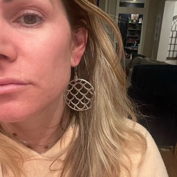 John Hardy Naga Disc earrings on hook. Sterling Silver w 3 18k Gold dots at top - Picture 9 of 10